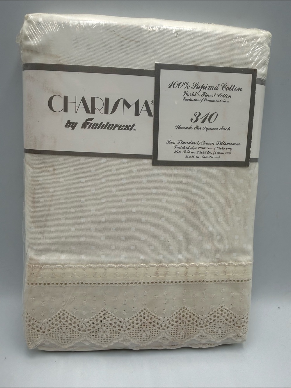 Vintage NOS Off White Fieldcrest Charisma Lace Two Standard/Queen Pillowcases